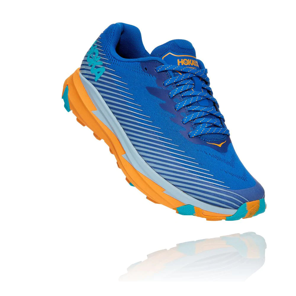 1110496 TSSF chaussure de course de trail hoka one one torrent 2 bleu avec semelle bleu pale, orange et turquoise