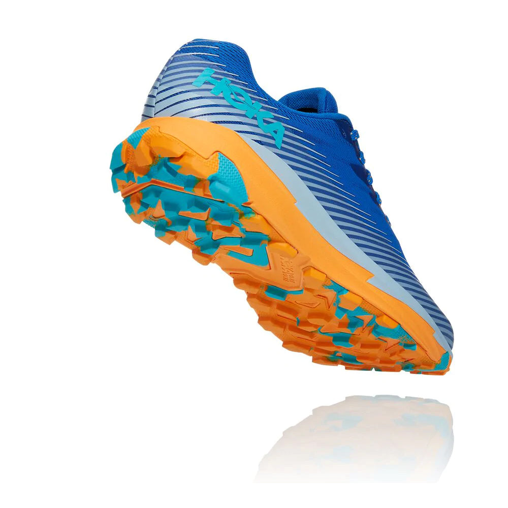 1110496 TSSF chaussure de course de trail hoka one one torrent 2 bleu avec semelle bleu pale, orange et turquoise