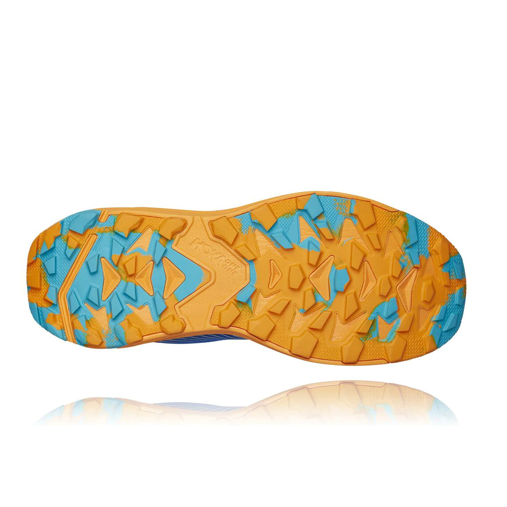 1110496 TSSF chaussure de course de trail hoka one one torrent 2 vue de dessous  semelle bleu pale, orange et turquoise