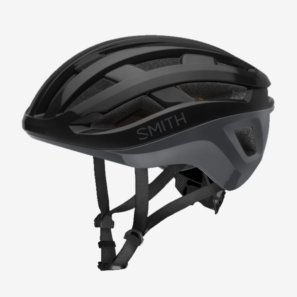 E007443L6 casque de vélo smith persist avec technologie mist de couleur noire portion supérieure et grise. portion inférieure