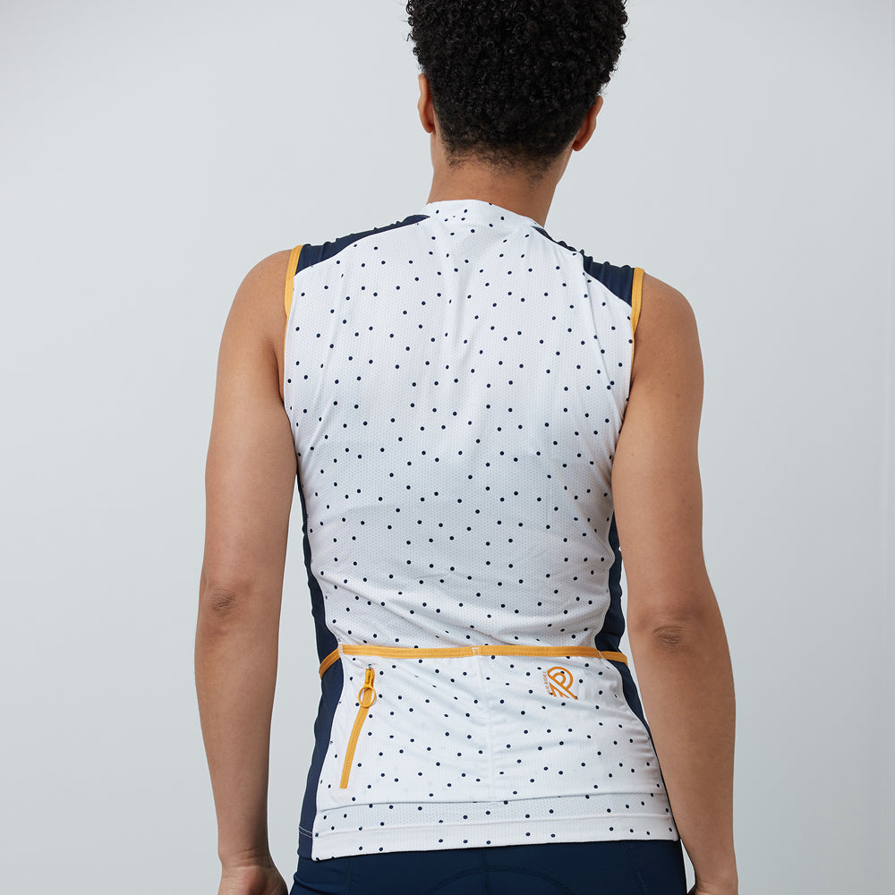 J723 POLKA maillot de vélo sans manches avec zip pleine longueur à l'avant. blanc avec pois polka marine et accents marine et ocre, vue de dos